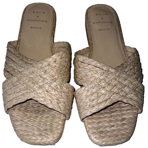 Aqua & Kristopher Brock Kriz Square Toe Ivory Raffia Slip On Sandals Size 9.5 - Picture 2 of 12